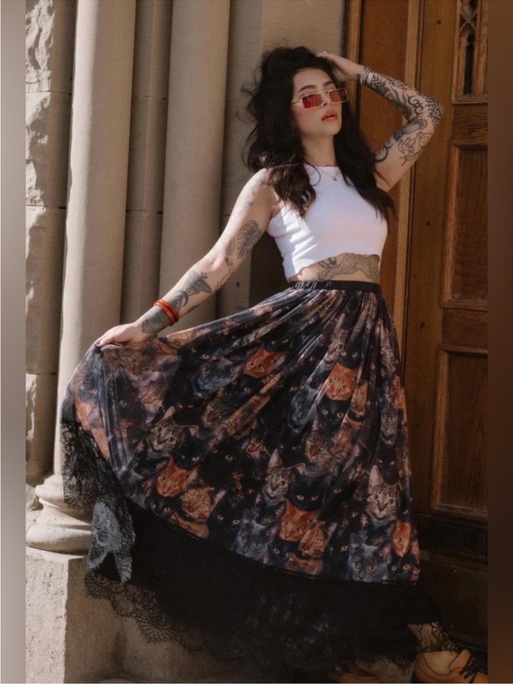 Dressed in LALA Purr Mesh Maxi Skirt Large Black Lace Cat Camo Graphic Print NWT - Picture 3 of 12